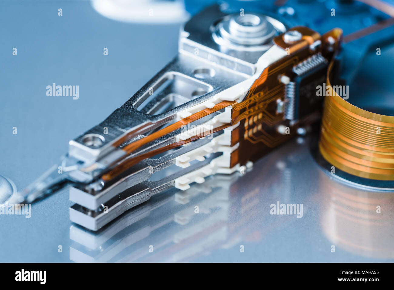 closeup inside the hard drive, read write head Stock Photo Alamy