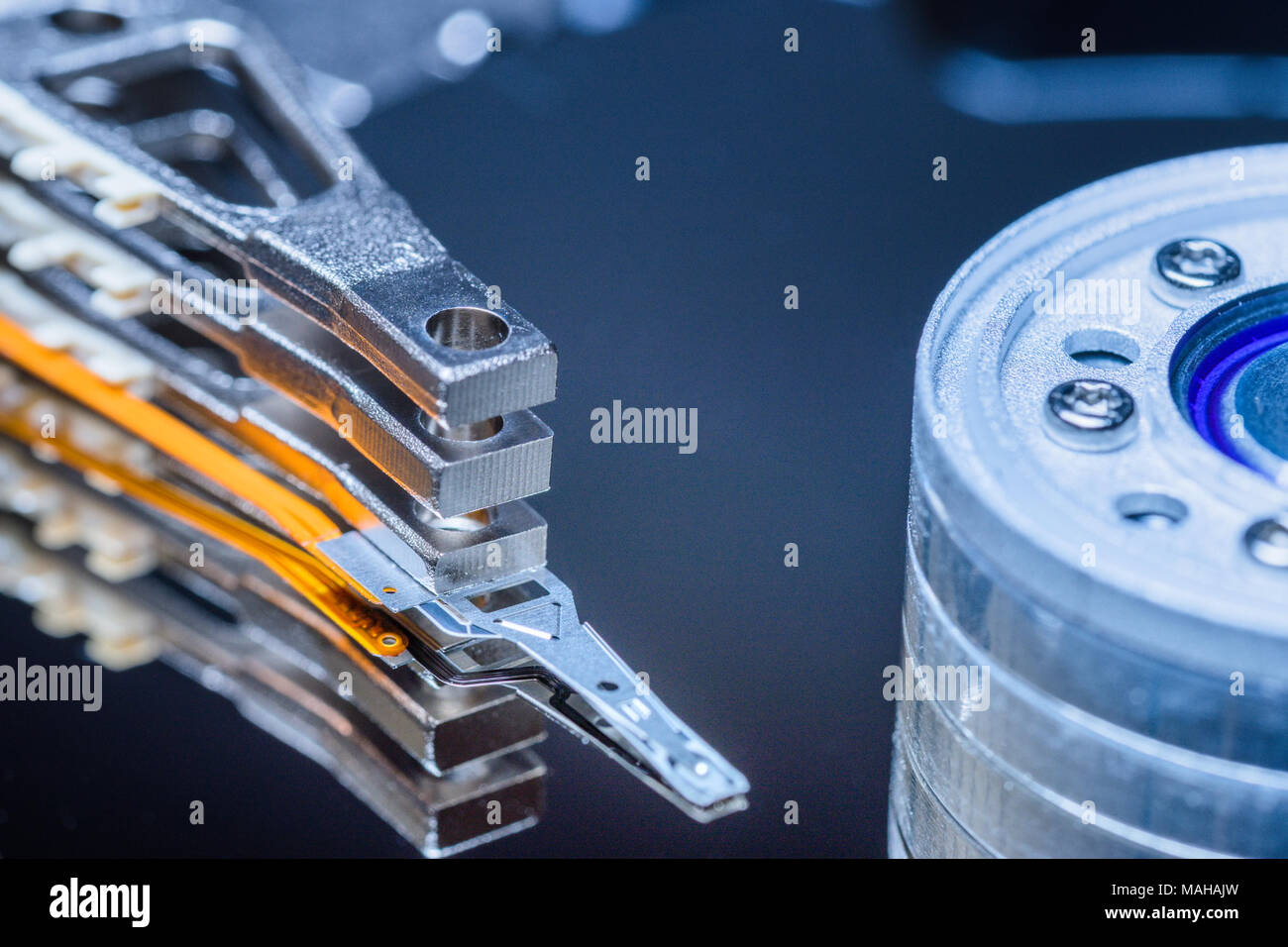 closeup inside the hard drive, read write head Stock Photo Alamy