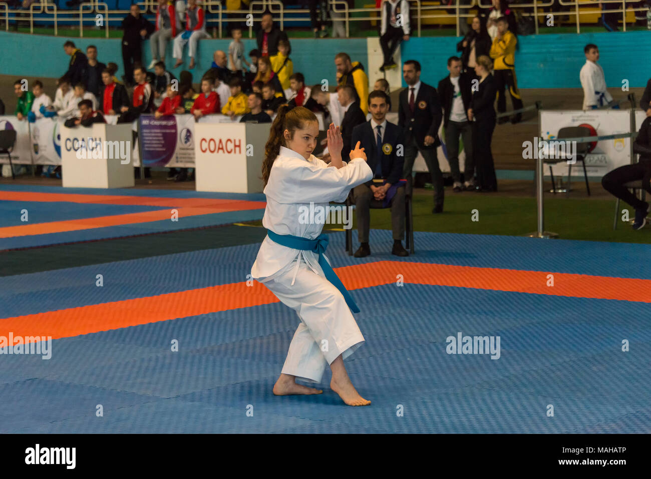 Lviv , Ukraine - March 25, 2018: International open karate cup . Unknown athlete performs during the competition  in the sports complex of the army,   Stock Photo