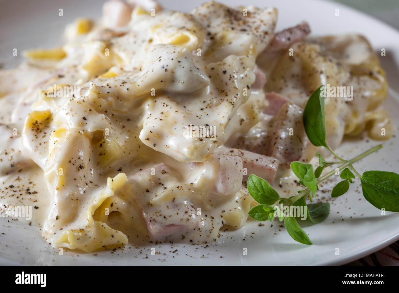 https://c8.alamy.com/comp/MAHATR/tortellini-and-ravioli-with-smoked-ham-and-mushrooms-and-sour-cream-sauce-MAHATR.jpg