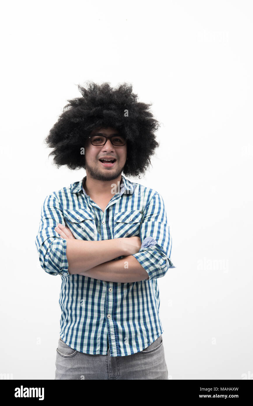 Man with funny curly hair isolated on white background. Stock Photo
