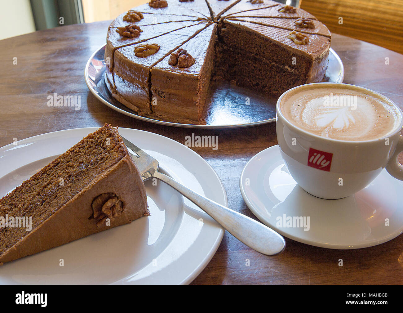 Walnut cake and coffee Stock Photo
