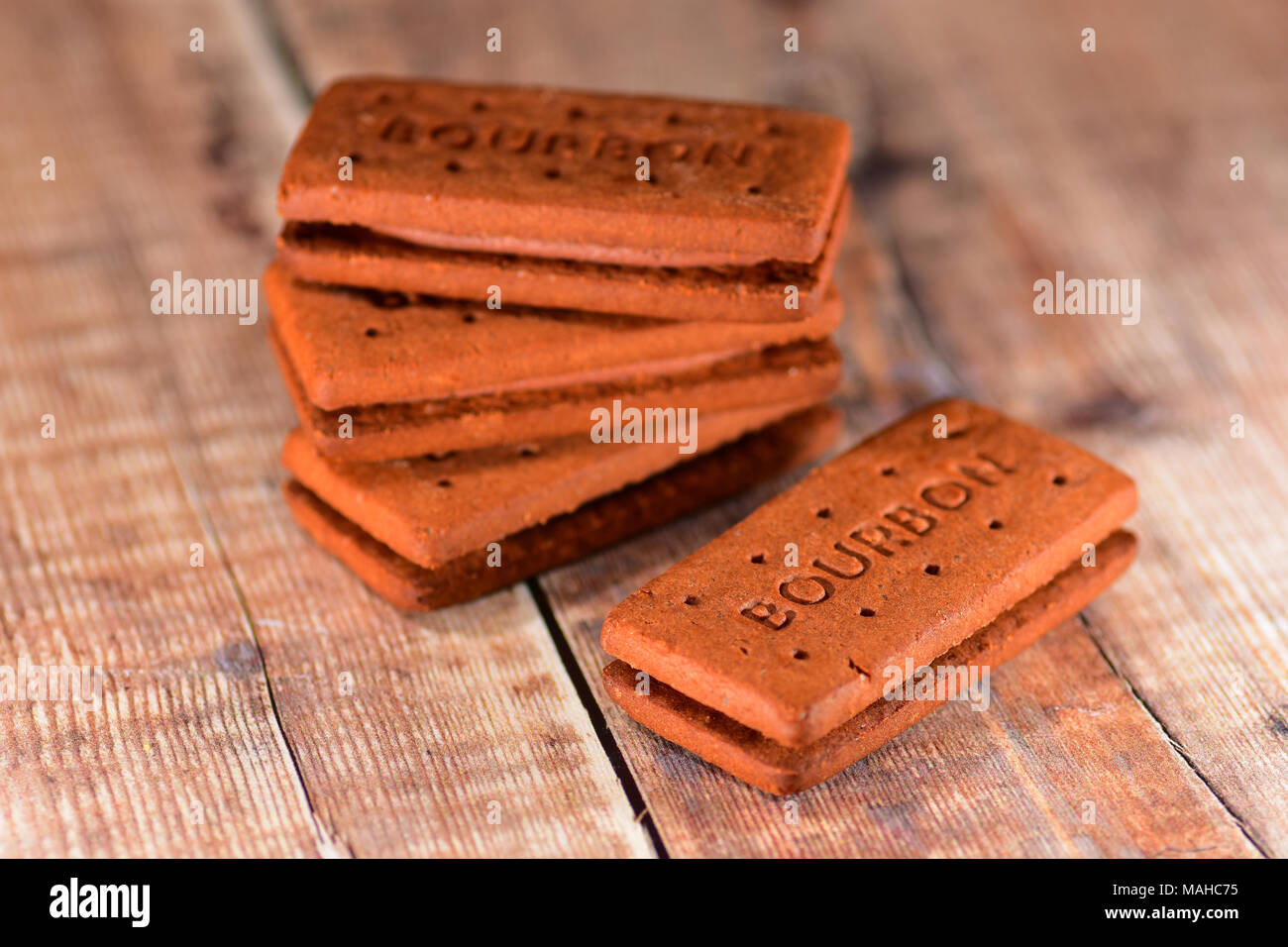 Bourbon biscuits stacked Stock Photo