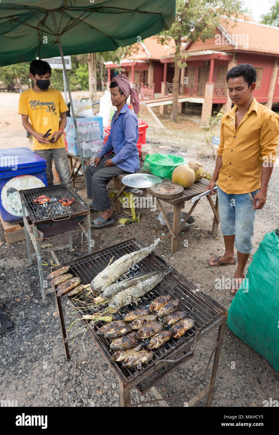 Cambodia street food - stalls grilling fish and other seafood for sale, Kampong Thom, Cambodia Asia Stock Photo