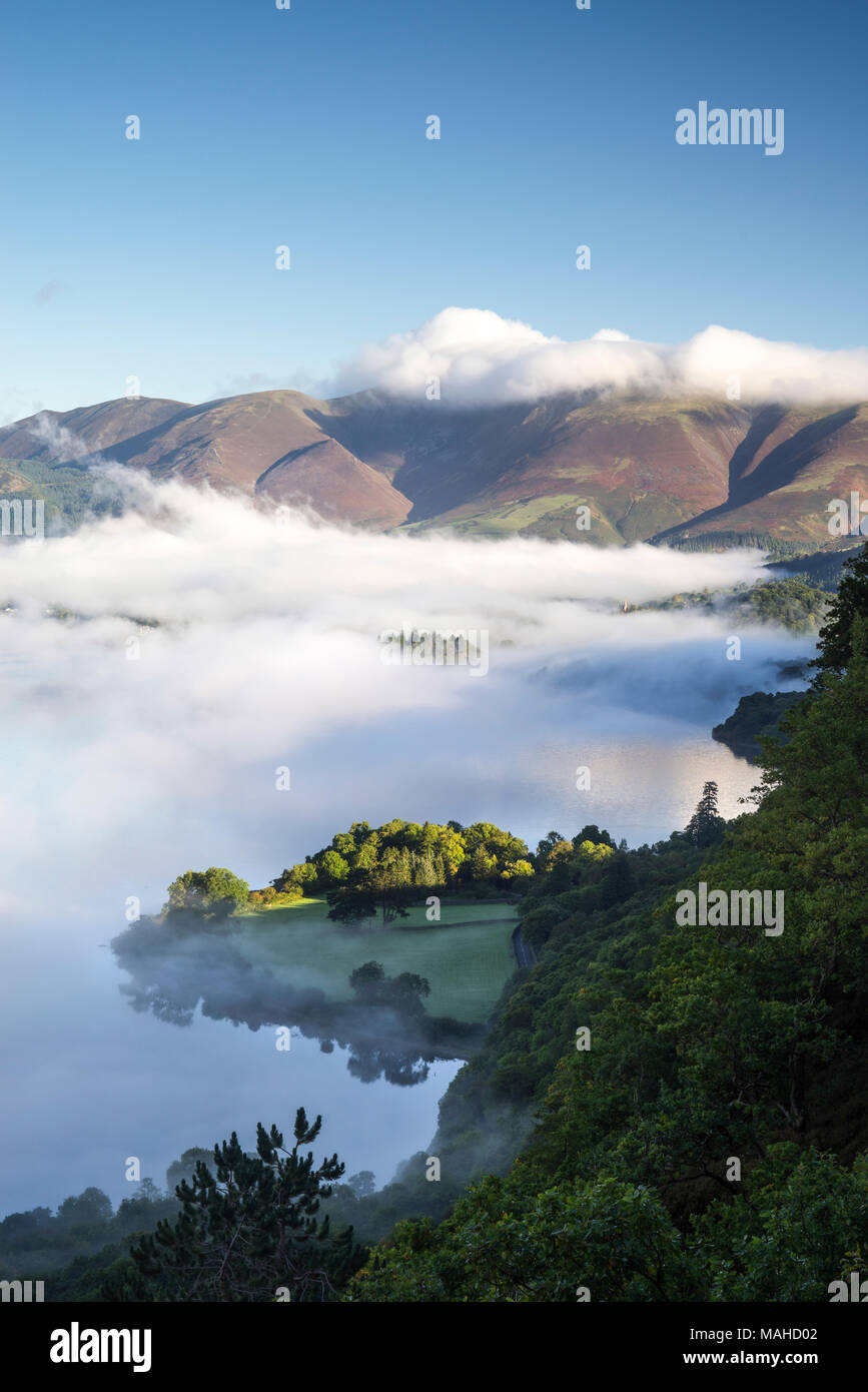 Cloud inversion over Derwentwater with Skiddaw mountain in the background, taken from Surprise View.  Lake District, Cumbria, England, UK Stock Photo