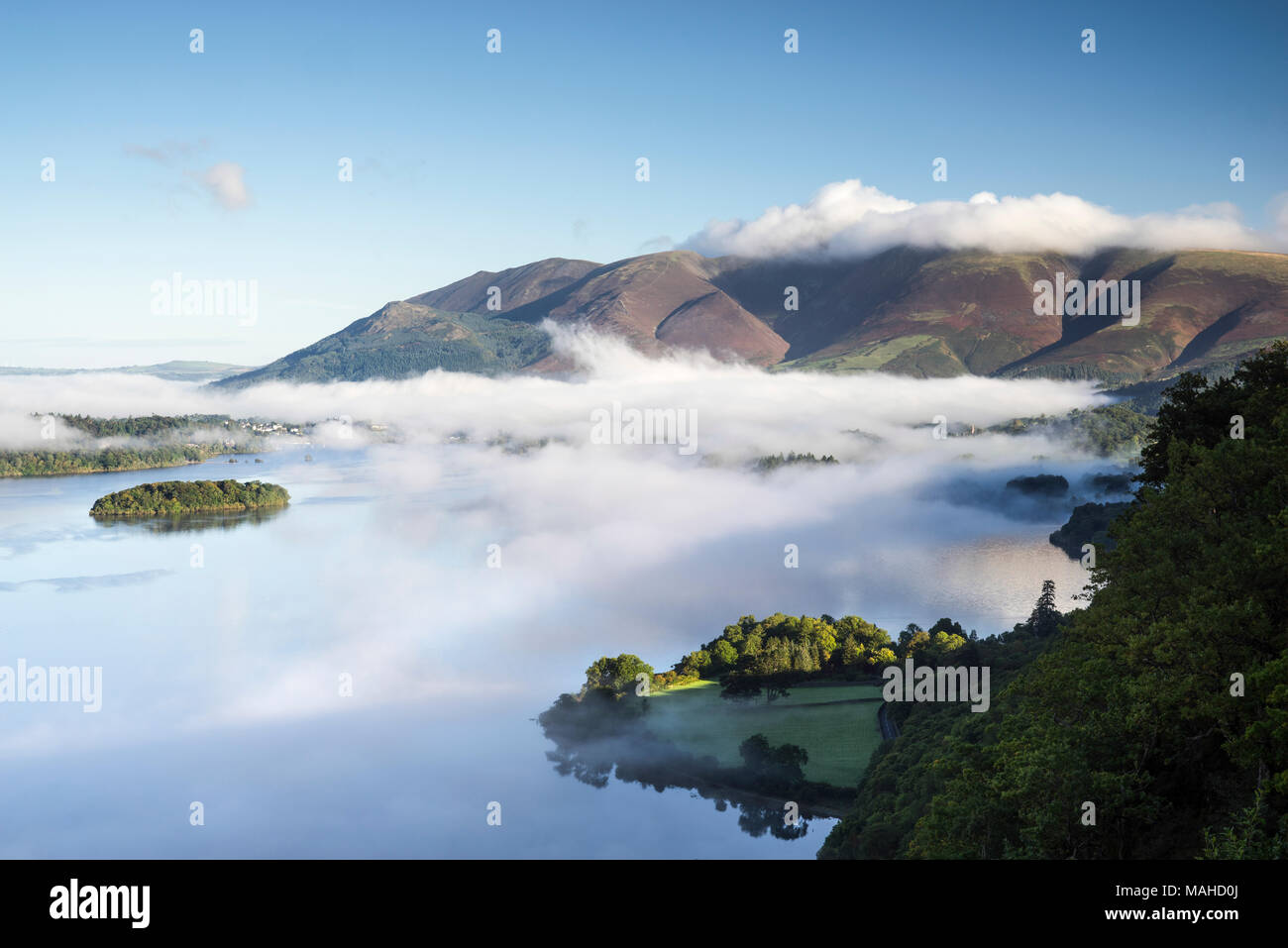 Cloud inversion over Derwentwater with Skiddaw mountain in the ...