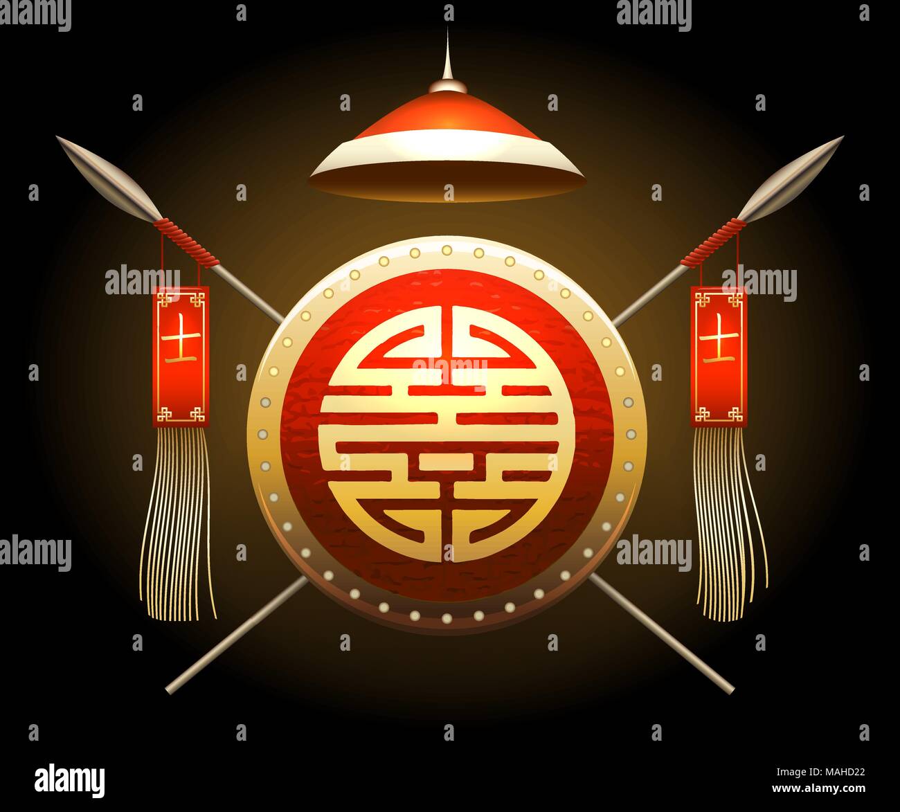 Medieval Asian Warrior Shield and Spears with flags. Chinese hieroglyph that means warrior. Vector illustration. Stock Vector