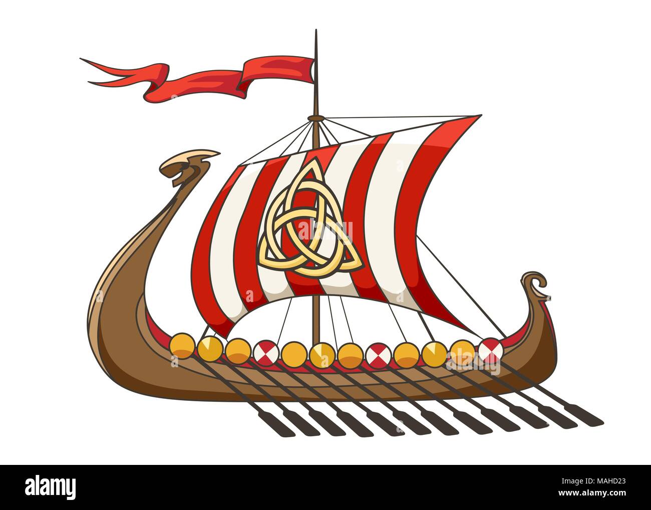Drakkar medieval Viking Battle Ship in cartoon style. Vector Illustration. Stock Vector