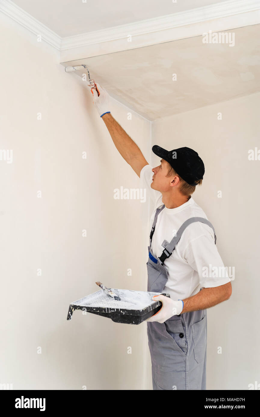 Painting Walls And Ceilings Painter Paints Using Roller Stock