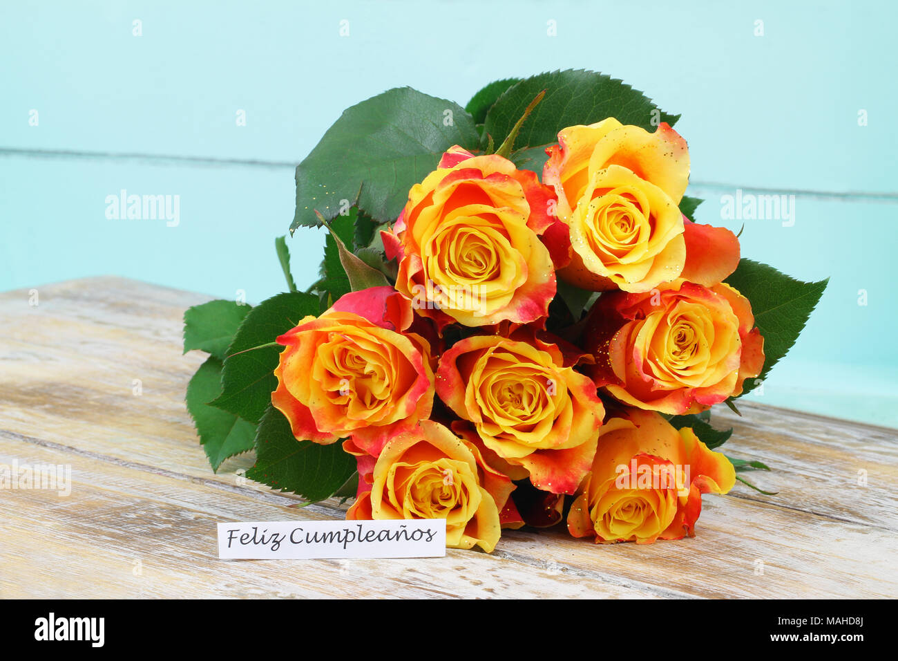 Feliz Cumpleanos (Happy Birthday in Spanish) card with colorful roses bouquet with glitter Stock Photo