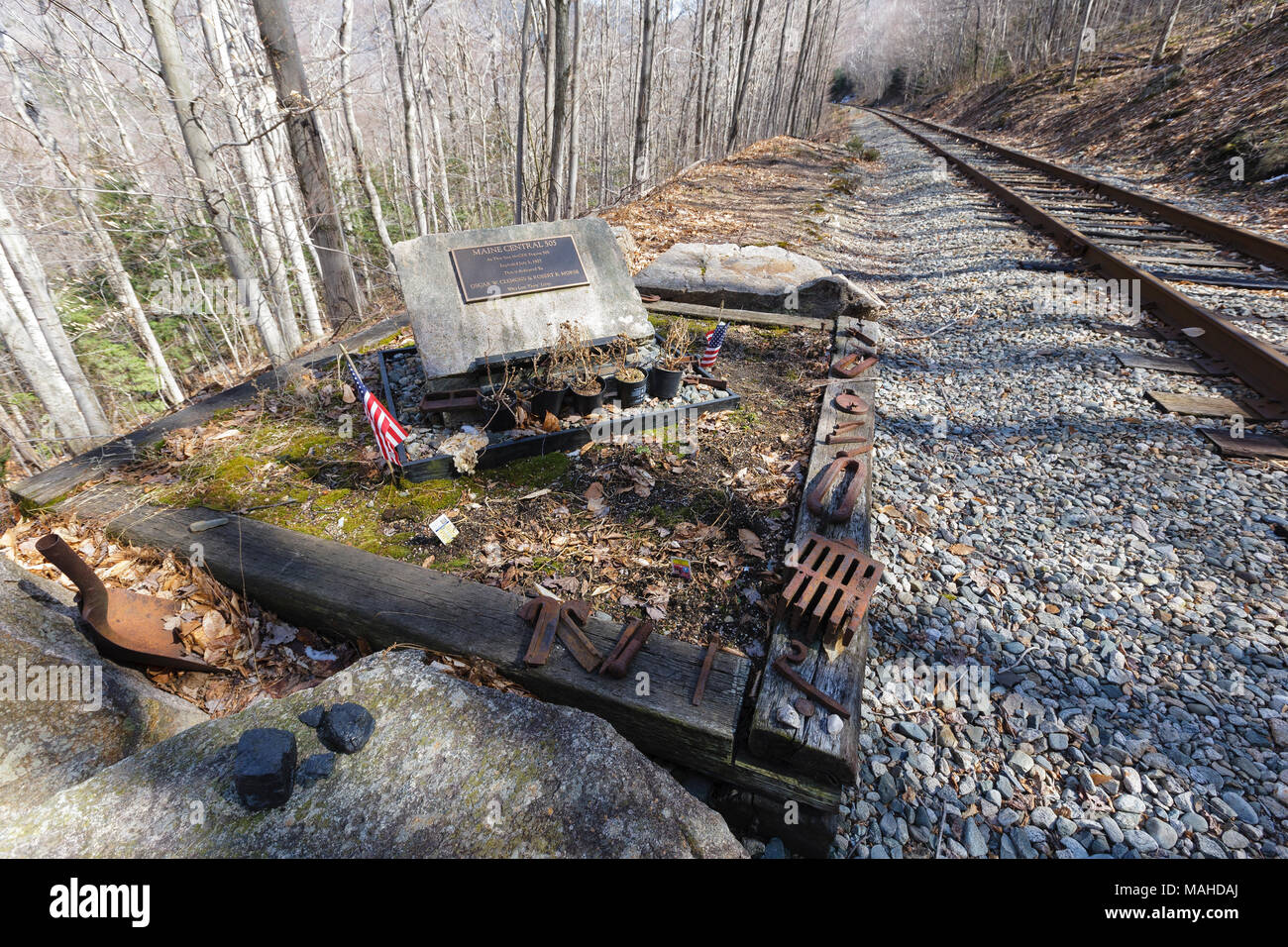 Crash site of the Maine Central Railroad Engine 505 on July 3, 1927 along the Maine Central Railroad in Crawford Notch of the New Hampshire. Stock Photo