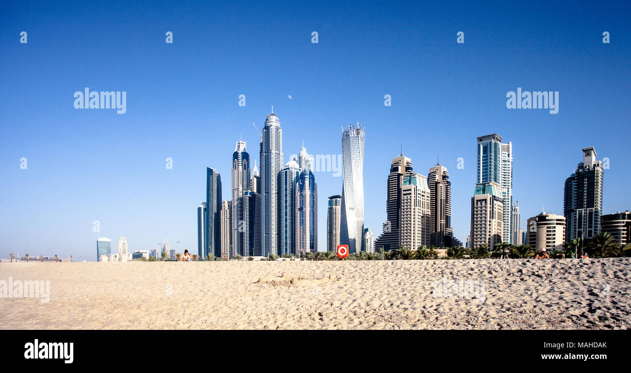 Skyscrapers and jumeirah beach in Dubai Marina. UAE Stock Photo