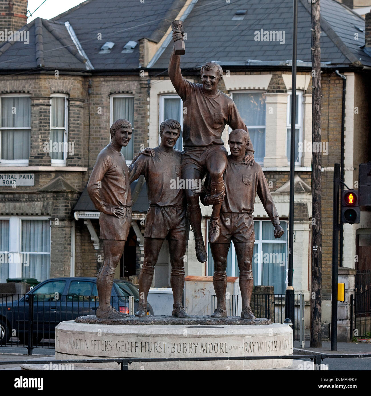 England World Cup statue 'The Champions' by Philip Jackson (1944 - )  England's World Cup victory in 1966 is remembered by this statue near the West H Stock Photo