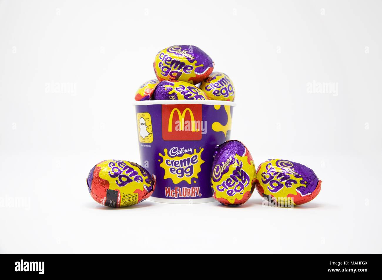 McDonalds Cadbury Creme Egg McFlurry cup filled with Cadbury Creme Eggs Stock Photo