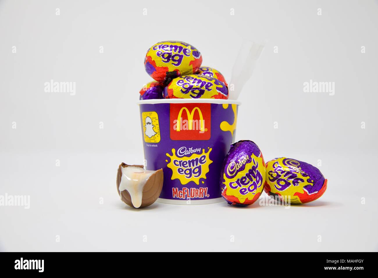 McDonalds Cadbury Creme Egg McFlurry cup filled with Cadbury Creme Eggs Stock Photo