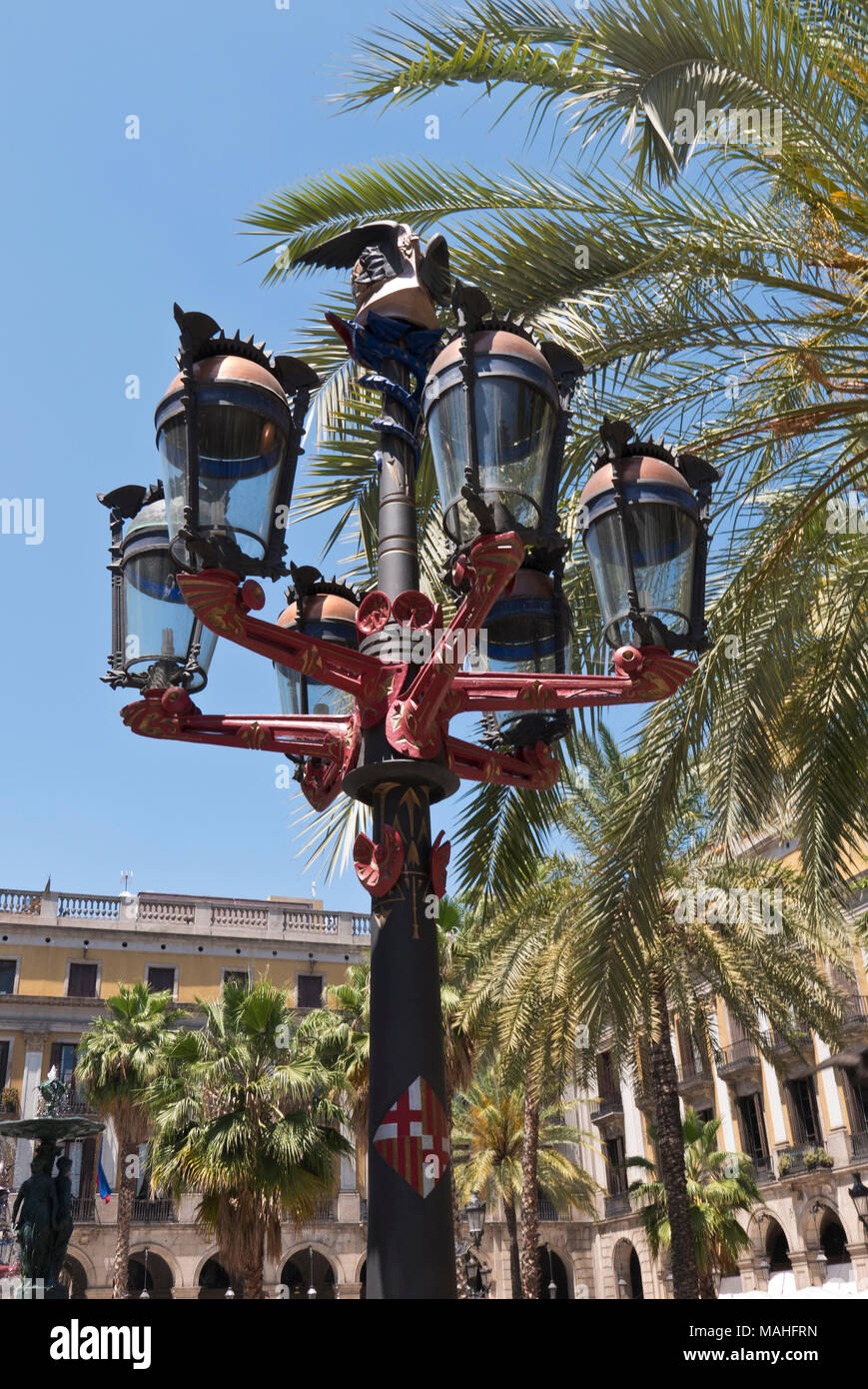 Antoni Gaudi Lamp post in Placa Reial, Barcelona, Spain. Stock Photo