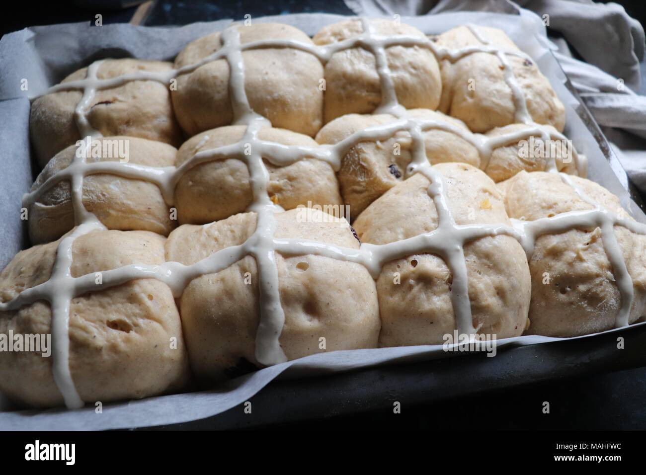 Home Made Hot Cross Buns About to go in the Oven Stock Photo