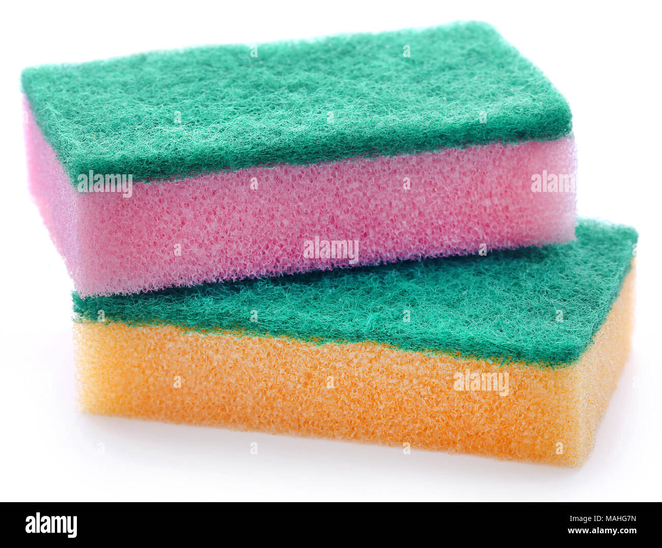 Kitchen sponge with scotch brite over white background Stock Photo