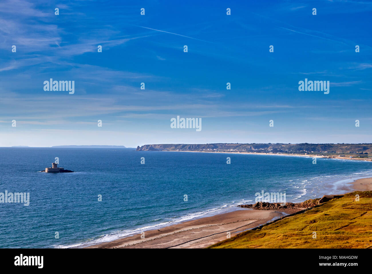 Image of St Ouens Bay with La Rocco Tower and shore line, Jersey Channel Isalnds Stock Photo