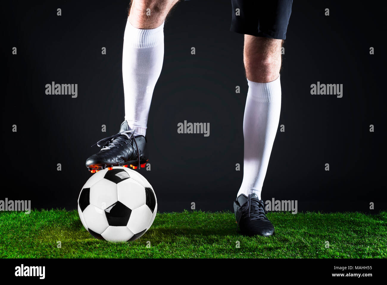 Soccer goal moment.Soccer World cup concept. Striker shooting on goal.Football League Championship Stock Photo