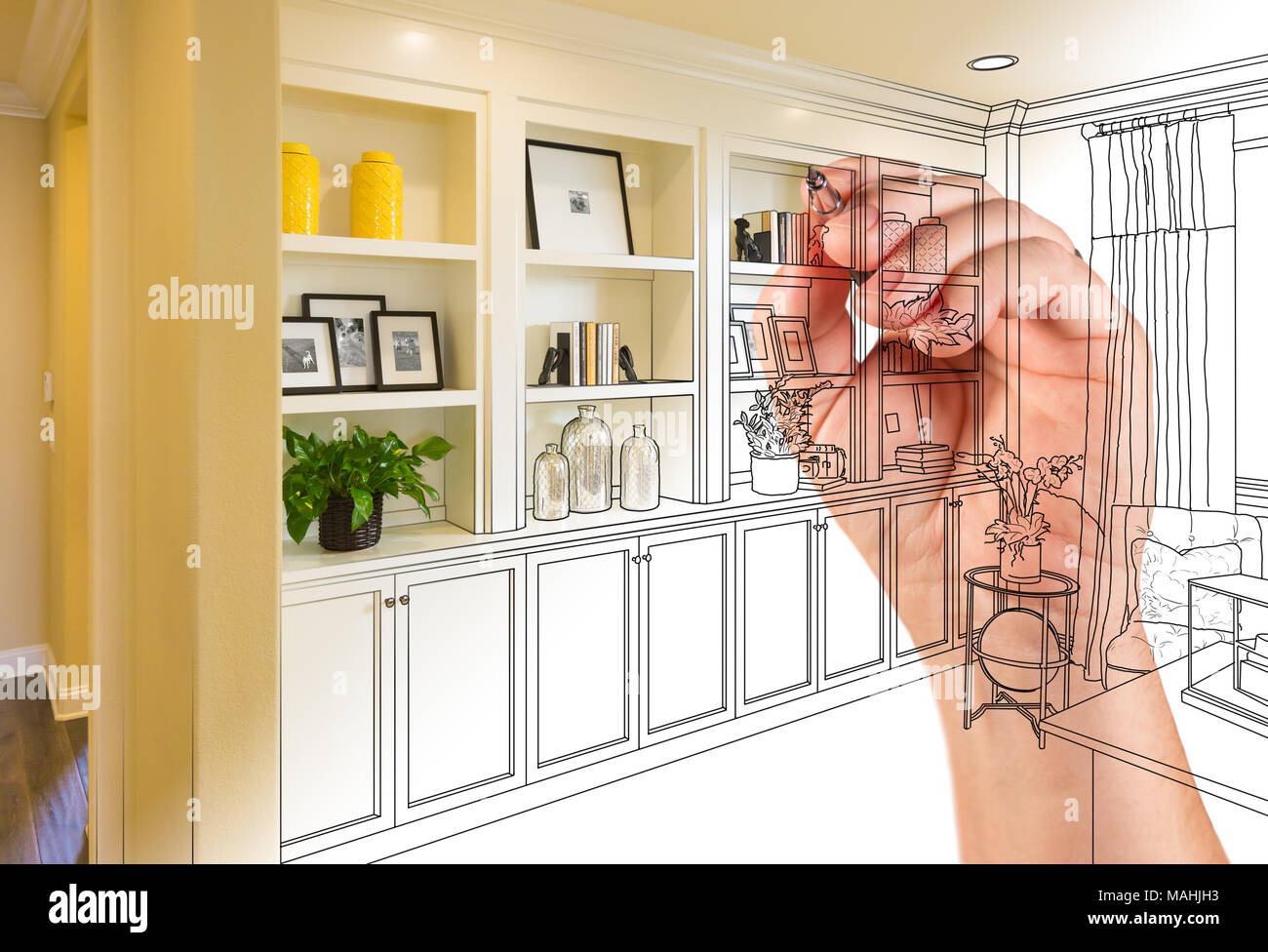 Hand Drawing Home Built-in Shelves and Cabinets with Photo Cross Section Showing. Stock Photo