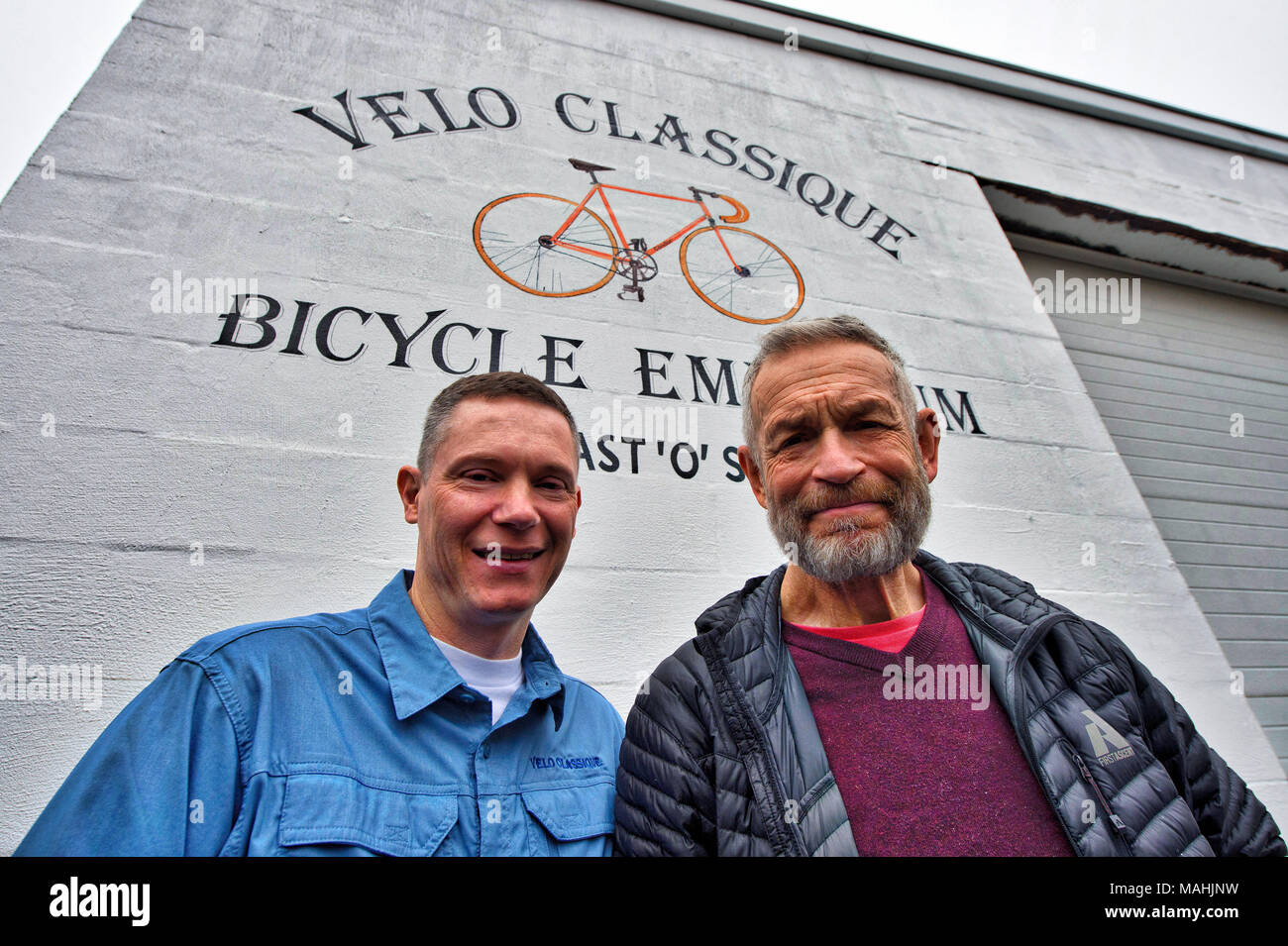 UNITED STATES: April 2, 2018: James Rollins and James Hodges pose here at Velo Classique in Purcellville. The two men are spearheading the Loudoun Cyc Stock Photo