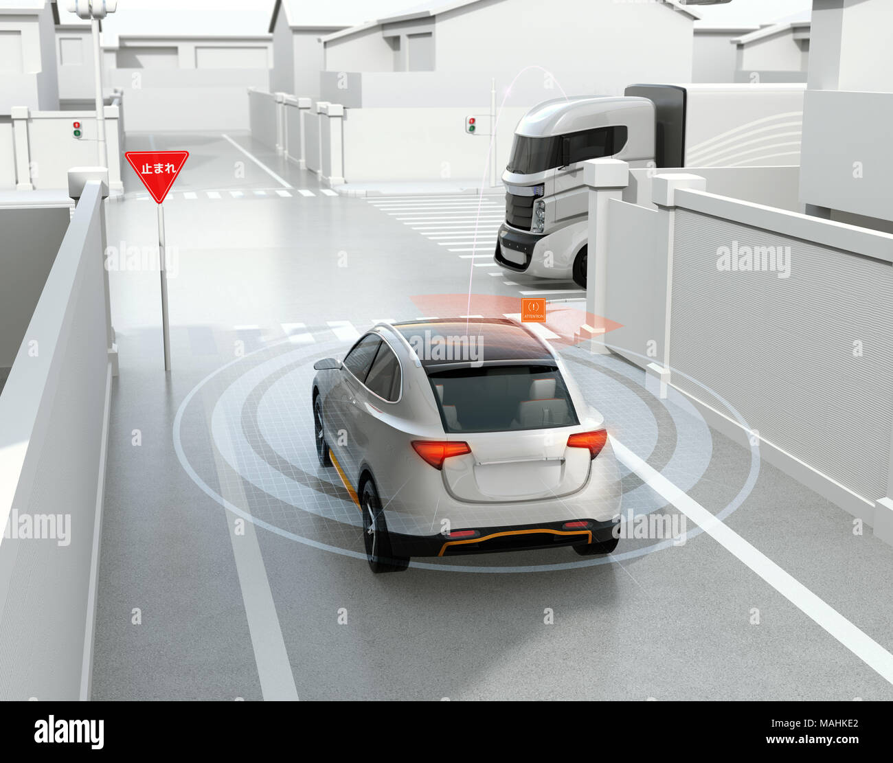 Rear view of white SUV in one-way street detected vehicle in the blind spot. Stop sign in Japanese.  left-hand traffic region. Connected car concept. Stock Photo