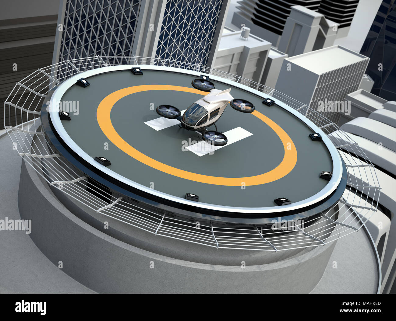 Hula hop Arthur Tangle White self-driving passenger drone takeoff and landing on the helipad. 3D  rendering image Stock Photo - Alamy