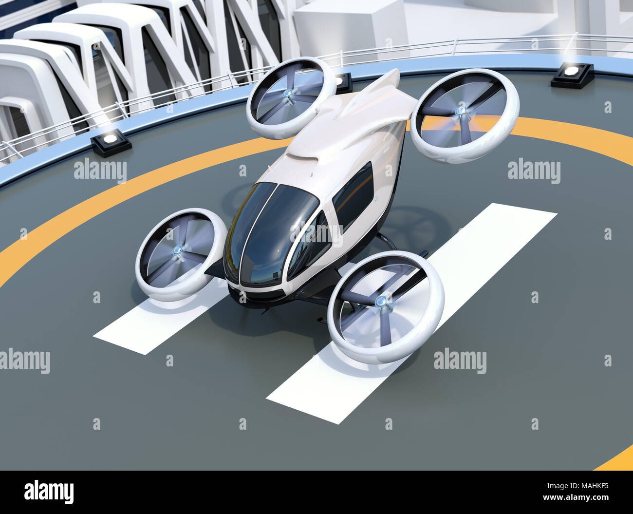 White self-driving passenger drone takeoff and landing on the helipad. 3D  rendering image Stock Photo - Alamy