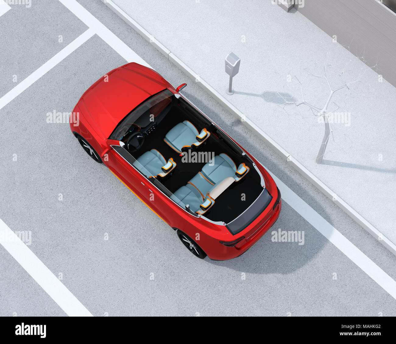 Red electric cutaway SUV at parking lot in the street. 3D rendering image. Stock Photo