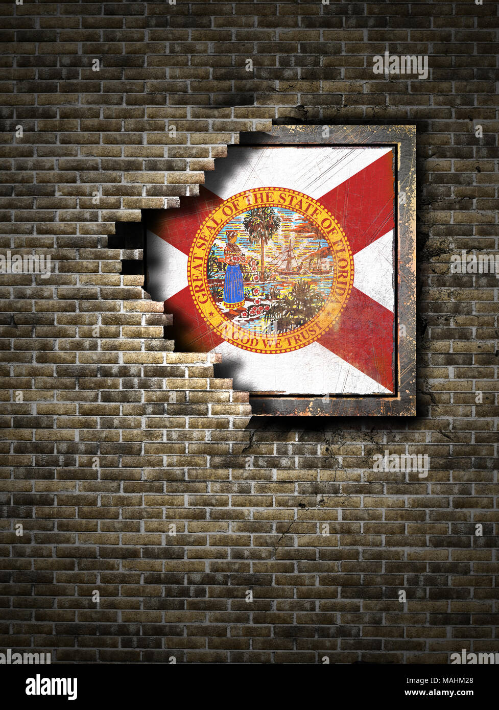 3d rendering of a Florida State flag over a rusty metallic plate ...
