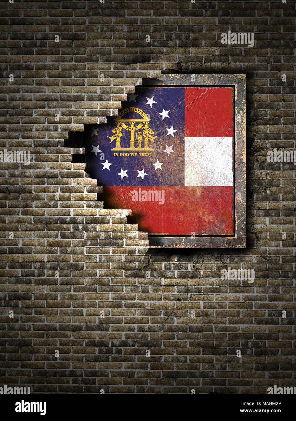 3d rendering of a Georgia State flag over a rusty metallic plate ...