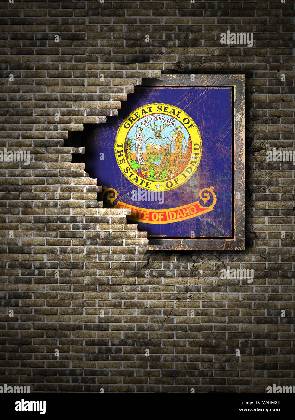 3d rendering of an Idaho State flag over a rusty metallic plate ...