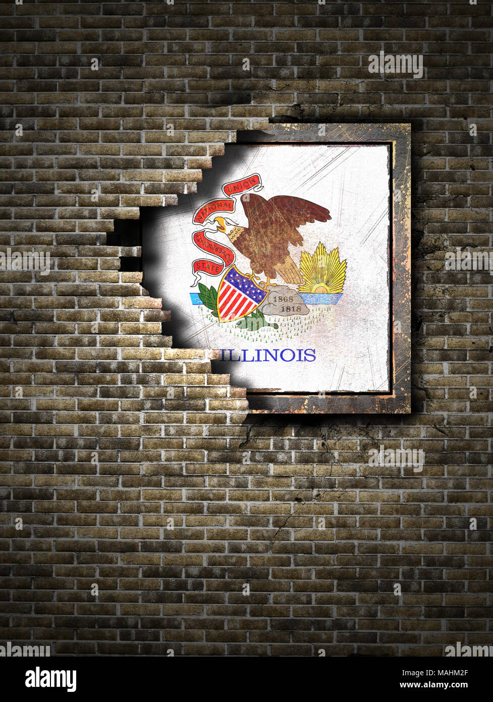 3d rendering of an Illinois State flag over a rusty metallic plate ...