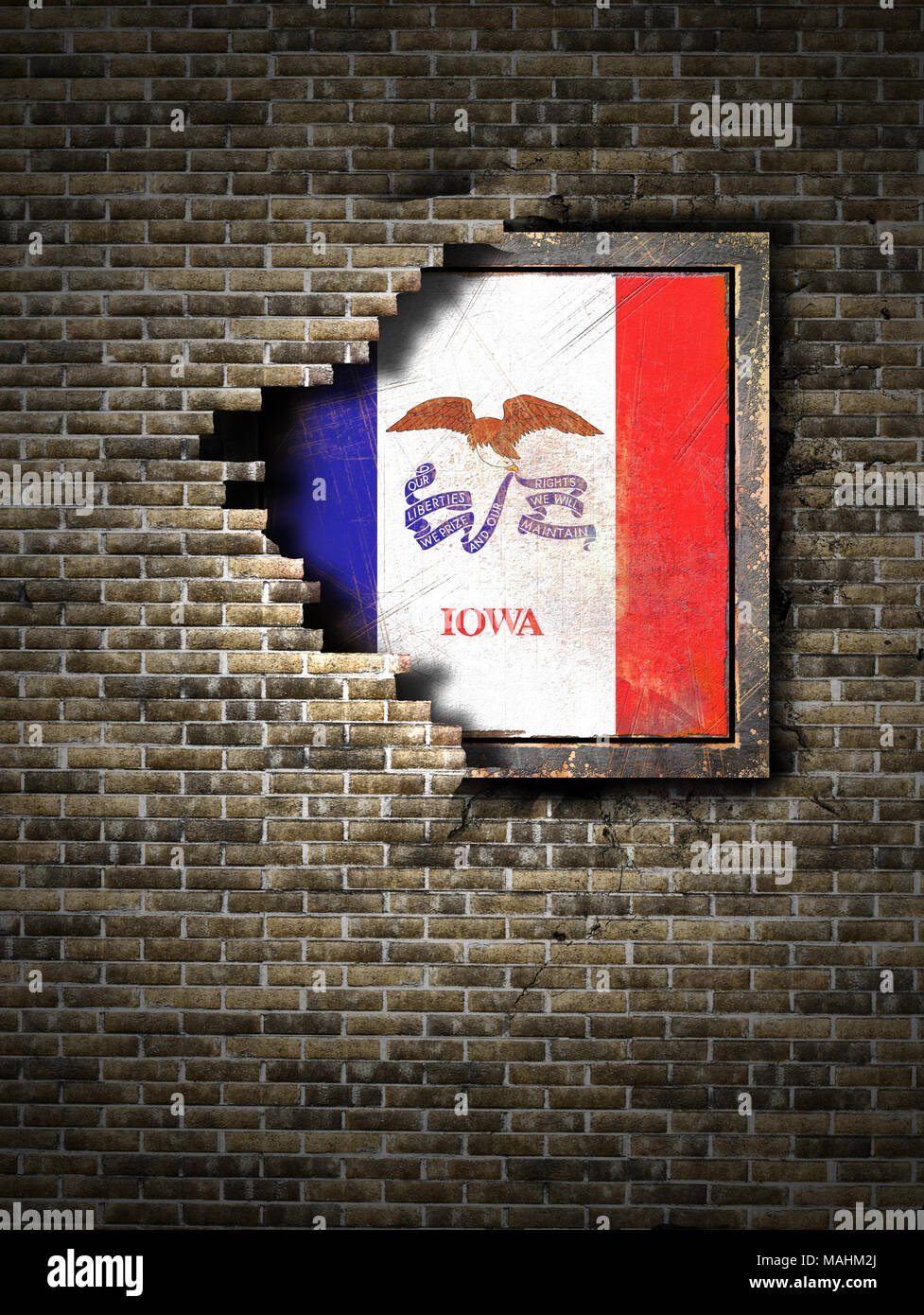 3d rendering of an Iowa State flag over a rusty metallic plate embedded ...