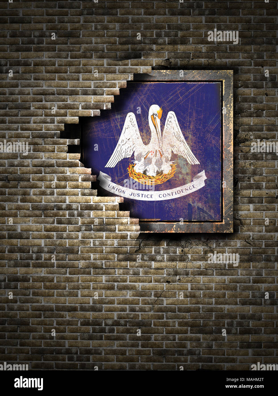 3d rendering of a Louisiana State flag over a rusty metallic plate ...