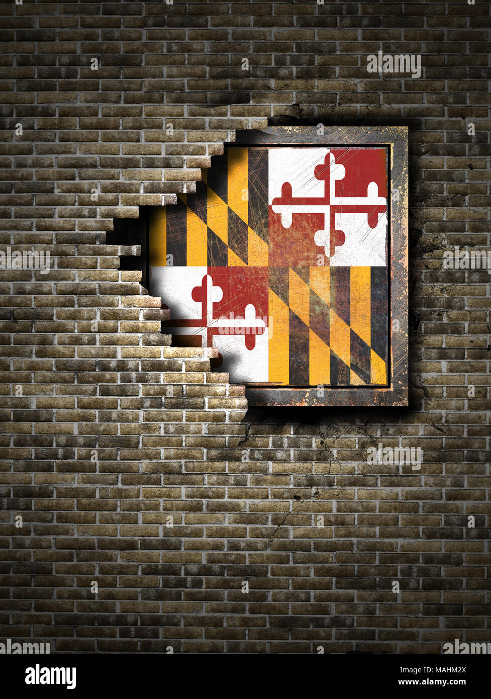 3d rendering of a Maryland State flag over a rusty metallic plate ...