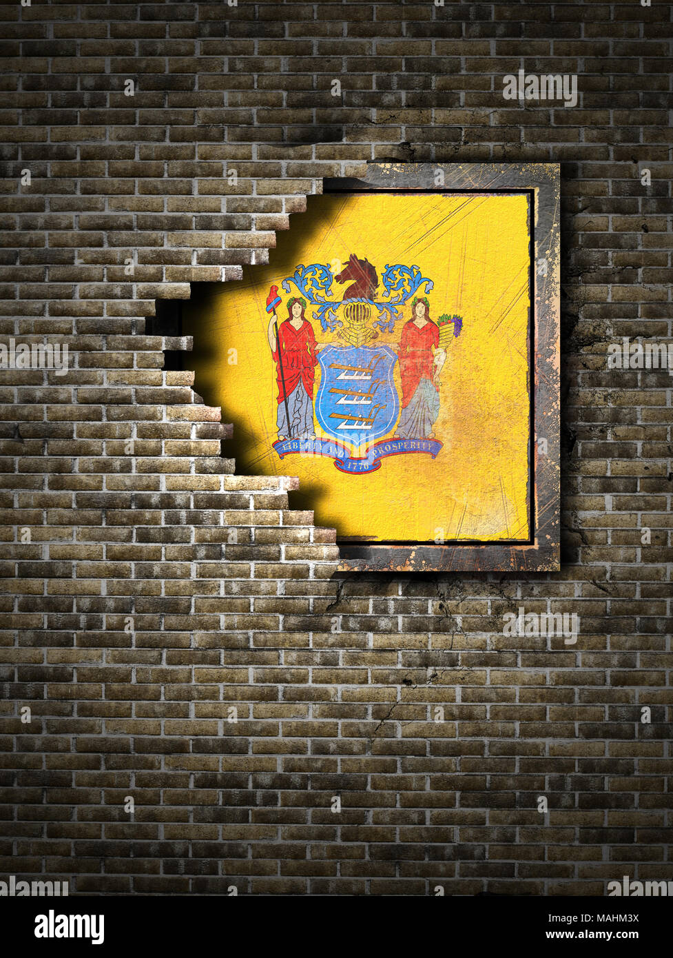 3d rendering of a New Jersey State flag over a rusty metallic plate ...
