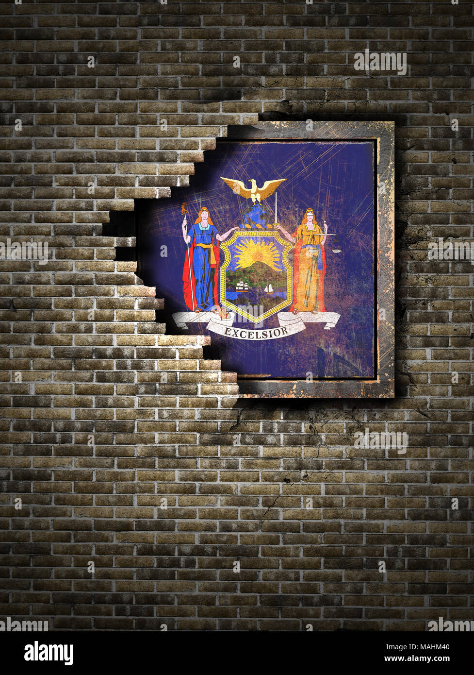 3d rendering of a New York State flag over a rusty metallic plate ...