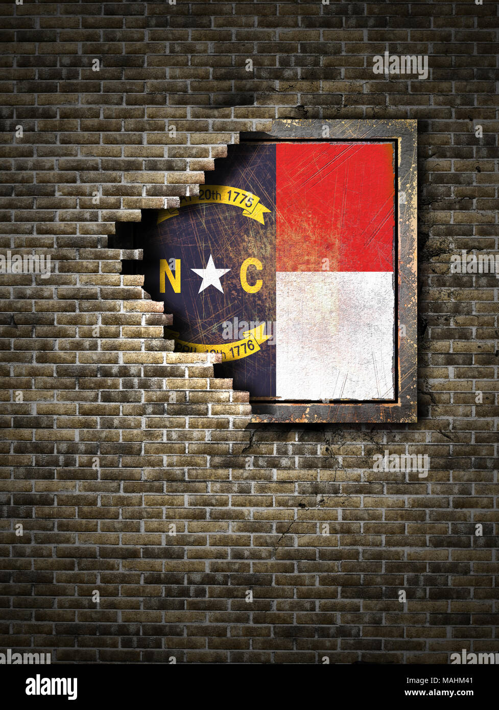 3d rendering of a North Carolina State flag over a rusty metallic plate ...