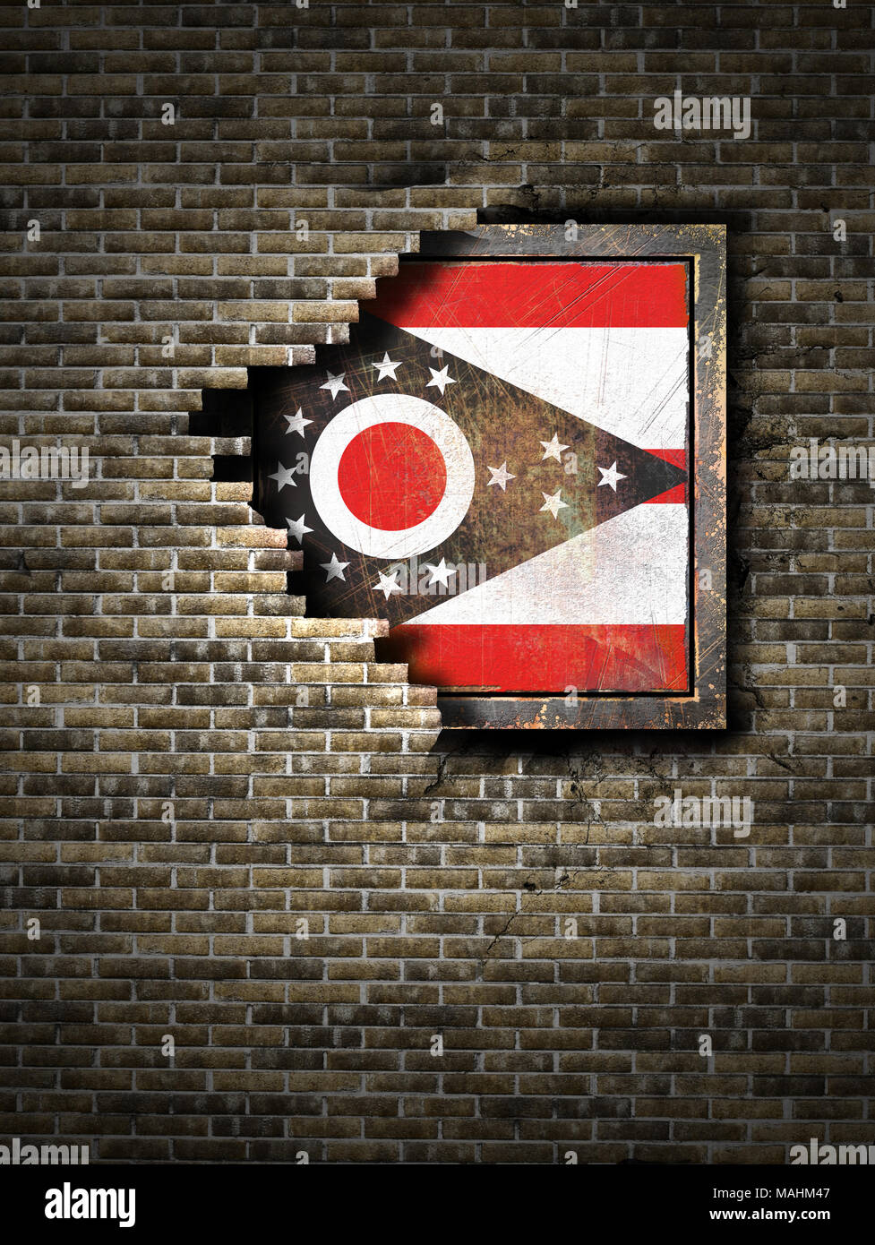 3d rendering of an Ohio State flag over a rusty metallic plate embedded ...
