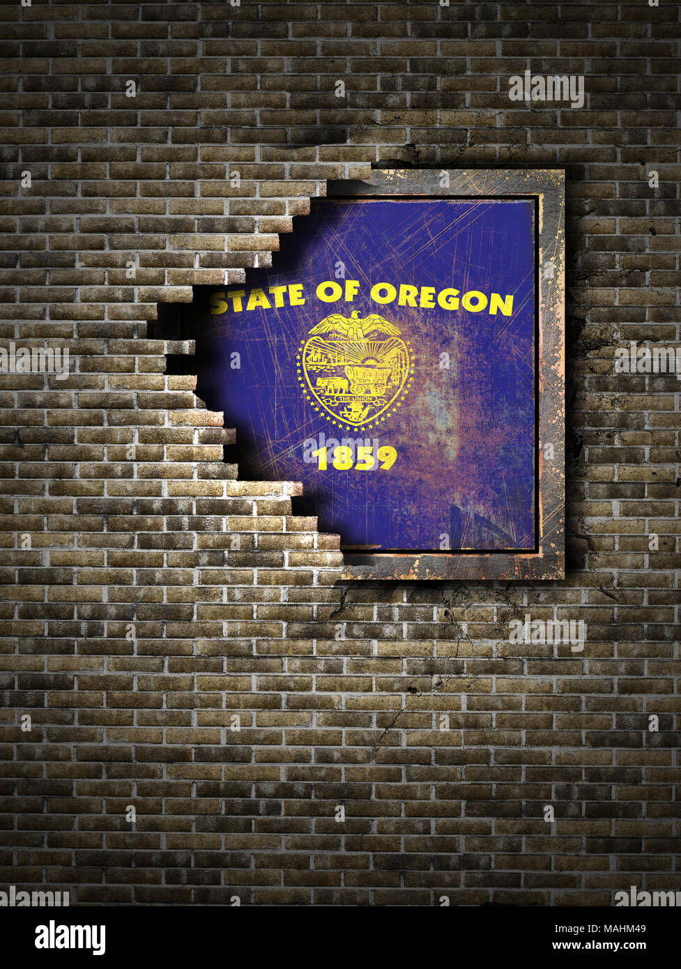3d rendering of an Oregon State flag over a rusty metallic plate ...