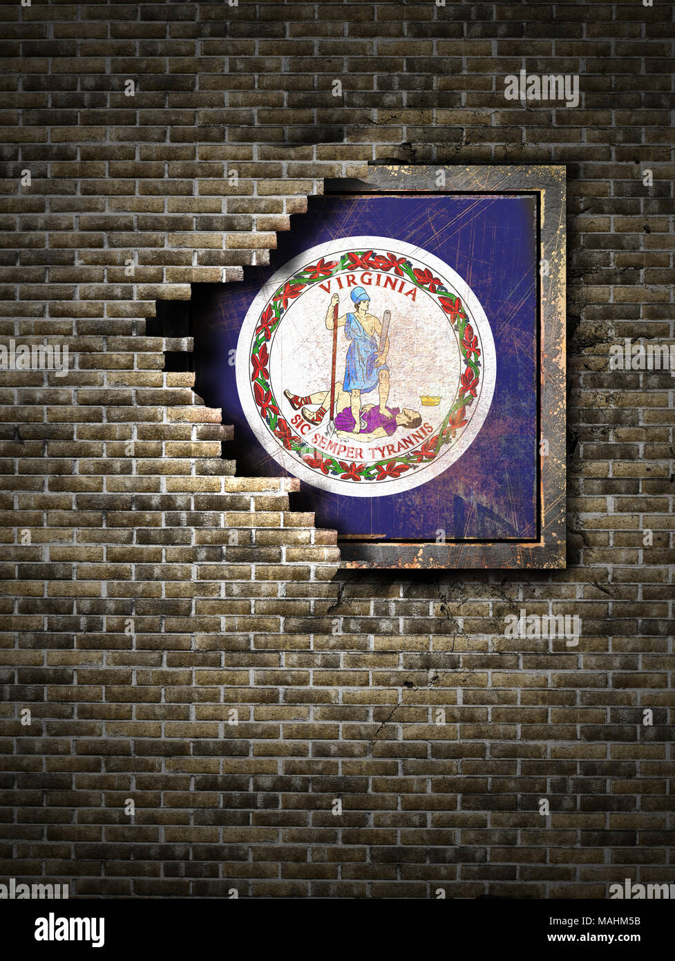 3d rendering of a Virginia State flag over a rusty metallic plate ...