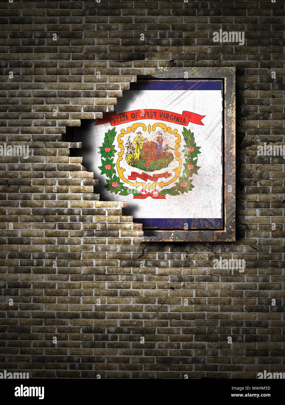 3d rendering of a West Virginia State flag over a rusty metallic plate ...