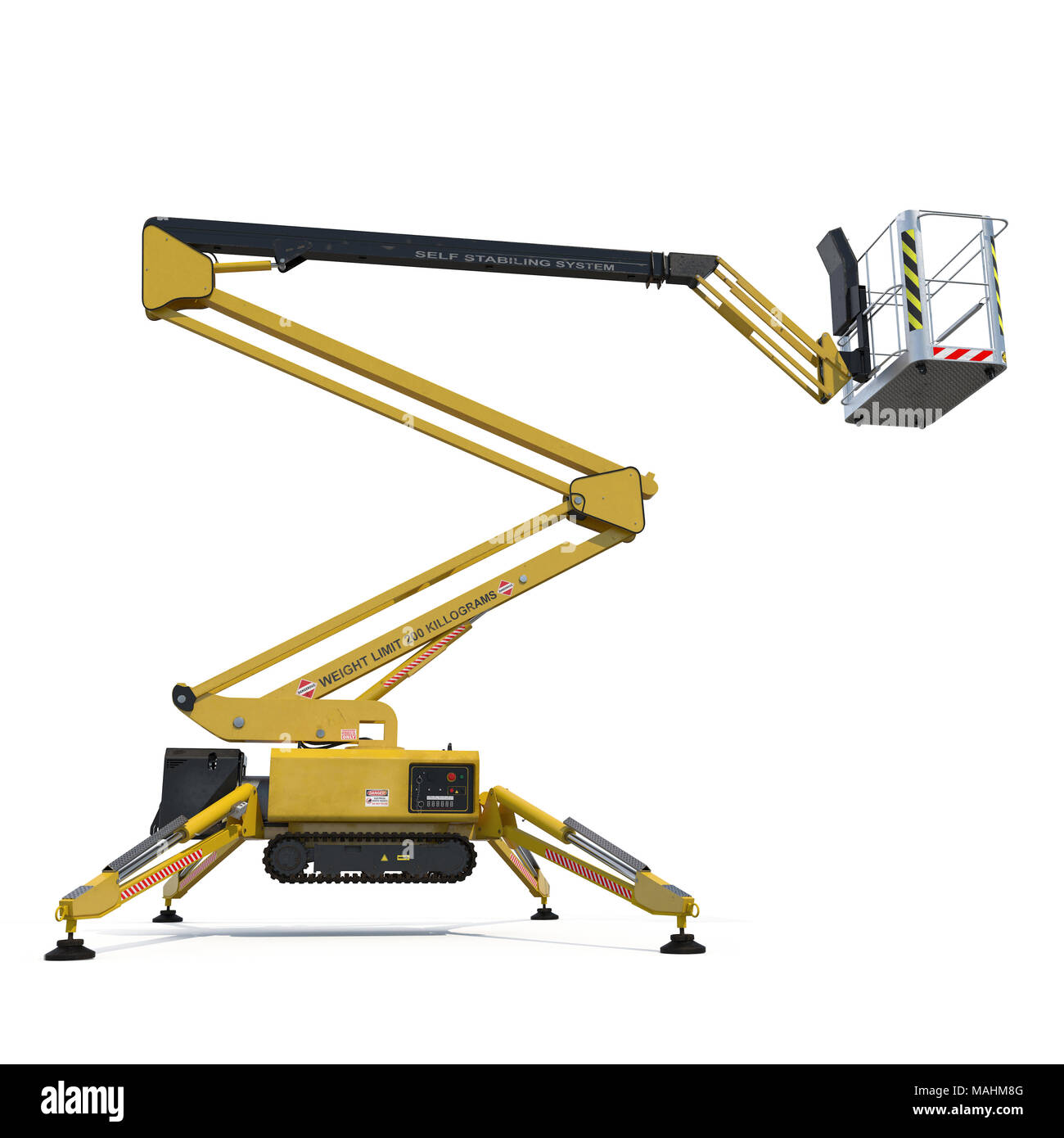 Straight or telescopic boom lift vector. Separate layer of angle. Aerial  work platform or elevator with boom, bucket, hydraulic. For transport,  maintenance, construction. Separate layer in angle. Stock Vector