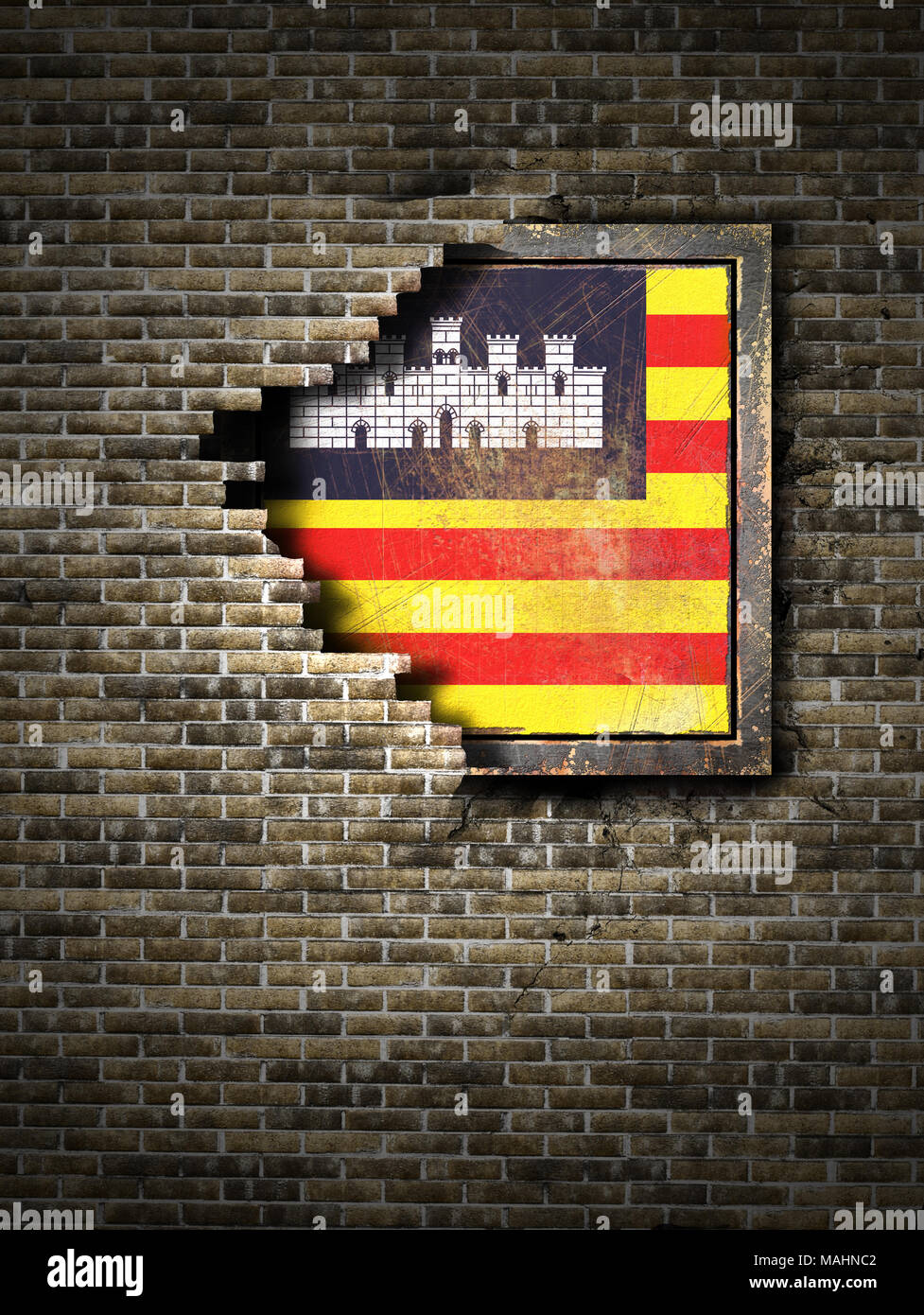 3d rendering of a Baleares Islands Spanish Community flag over a rusty ...