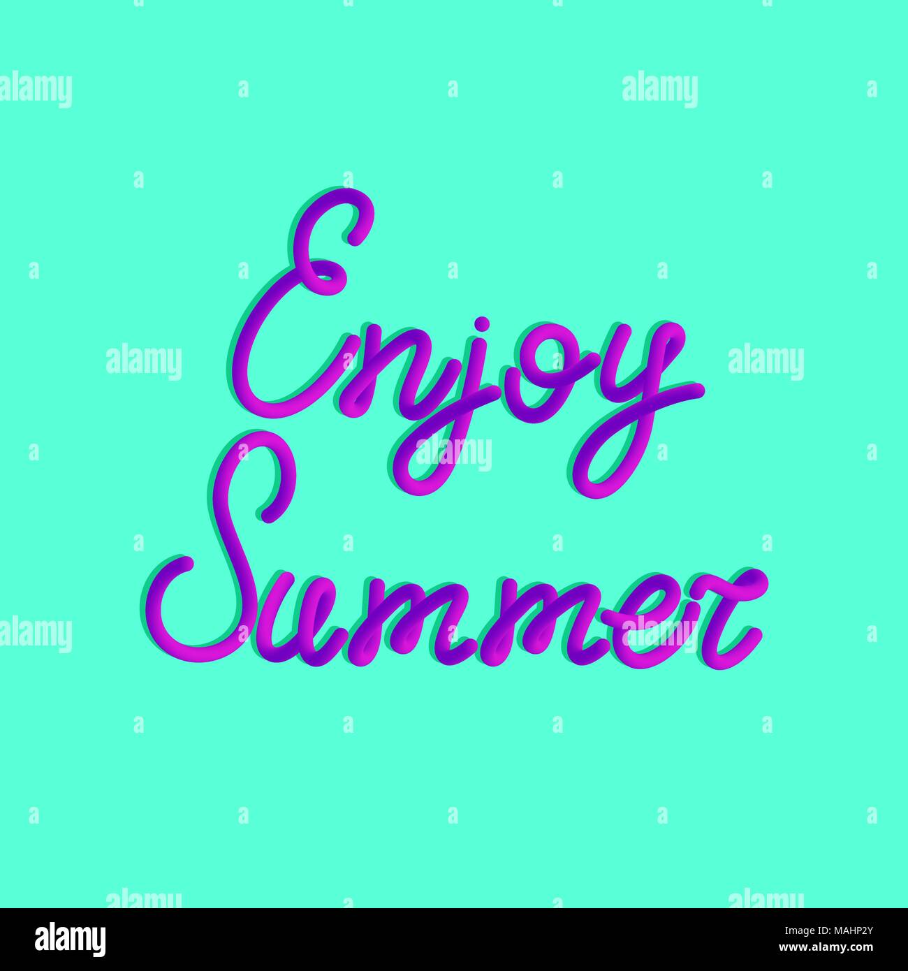 Inscription of Enjoy summer in 3d style. Vector purple lettering of enjoy summer with liquid effect of gradient color in volumetric style. Isolated ob Stock Vector