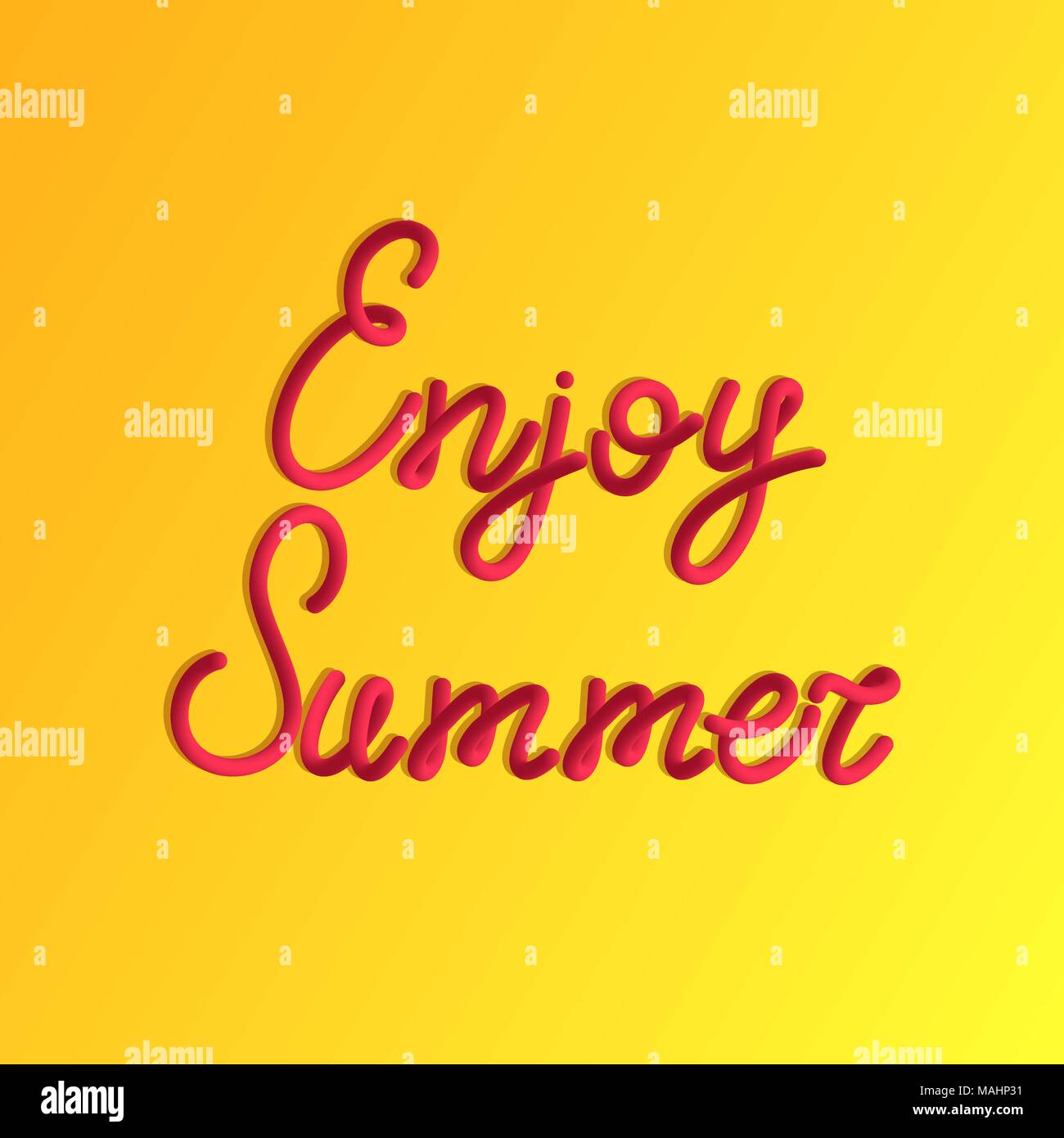 Inscription of Enjoy summer in 3d style. Vector red lettering of enjoy summer with liquid effect of gradient color in volumetric style. Isolated objec Stock Vector