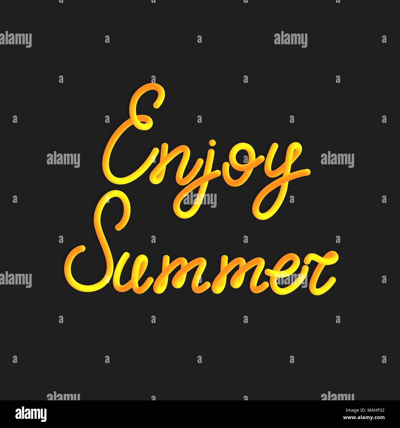 Inscription of Enjoy summer in 3d style. Vector yellow lettering of enjoy summer with liquid effect of gradient color in volumetric style. Isolated ob Stock Vector