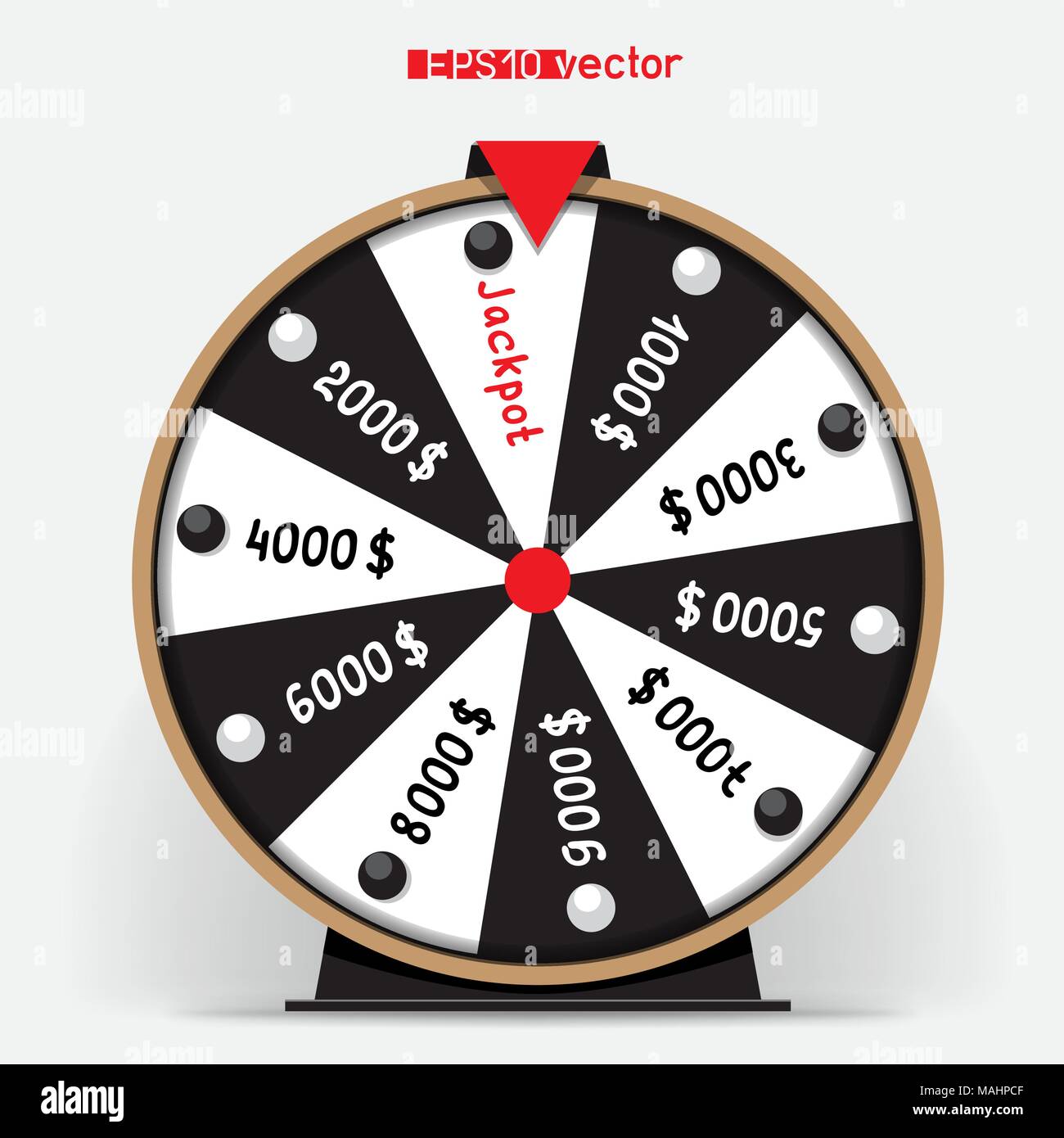 Black and white ten segmentation fortune wheel lottery object. Gamble jackpot prize spin with shadow. Round drum casino money game Stock Vector